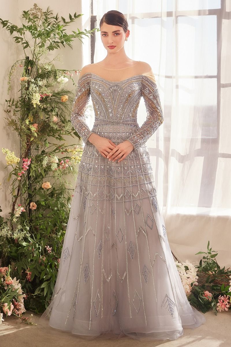 Silver Beaded Long Sleeve Mesh Gown – Elegant A-Line Evening Dress with Illusion Neckline