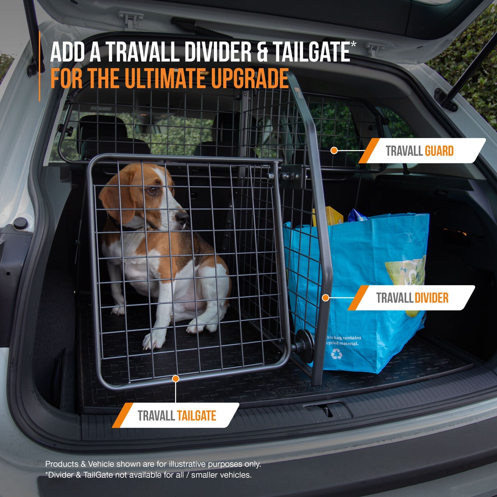 Dog in a travel cage in a car trunk with Travall Guard, Divider, and Tailgate products displayed.