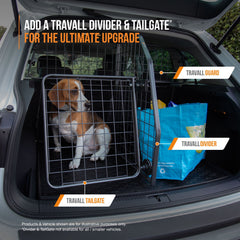 Dog in a travel cage in a car trunk with Travall Guard, Divider, and Tailgate products displayed.