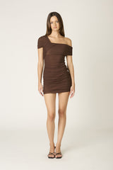 Adeline Brown One-Shoulder Mini Dress - styled for sorority rush