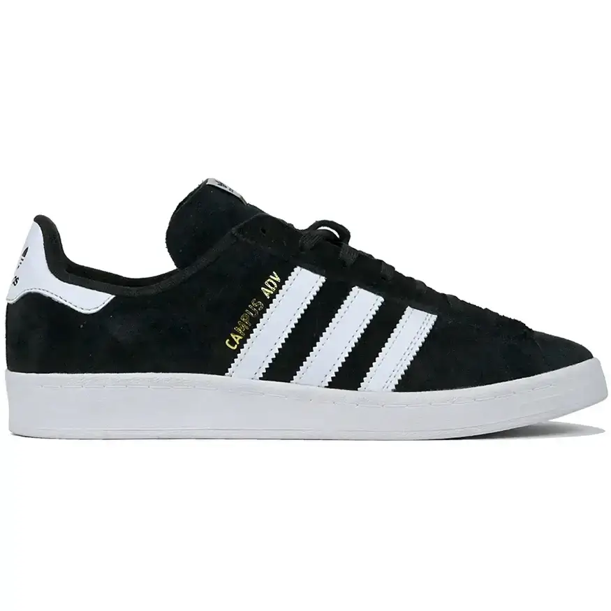 Adidas Skateboarding Campus ADV Shoe, black with white stripes and gold text on the side, lace-up closure.