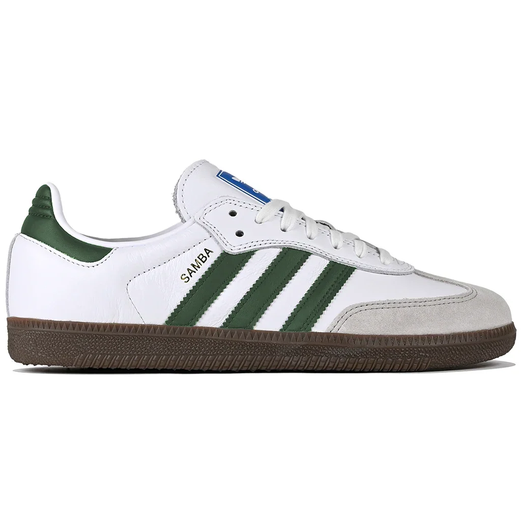 White Adidas Samba sneaker with green stripes on a white background
