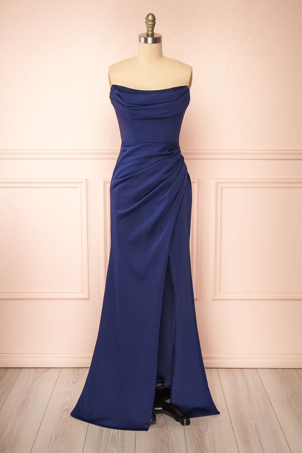 Ailsa Navy Strapless Gown w/ High Slit | Boutique 1861 front view
