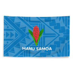 Flag with royal and light blue geometric design and a Manu Samoa logo.