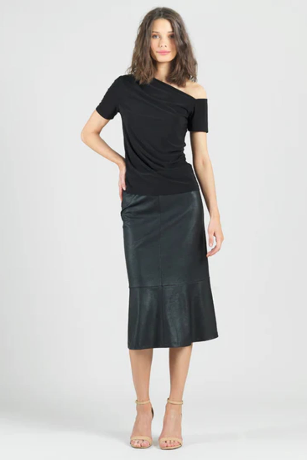 Angular neckline soft knit short sleeve top