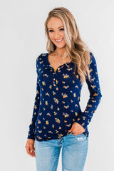 Work of Art Long Sleeve Floral Henley- Navy