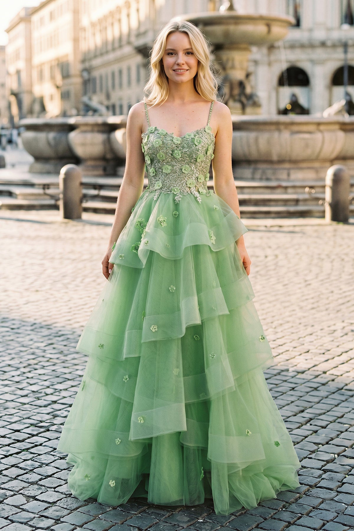 Ball Gown Sweetheart Sage Green Tulle Long Prom Dresses with Appliques – Dress by KissProm | Available at KissProm