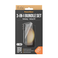 PanzerGlass Samsung Galaxy S24 3-i-1 Bundle m. EasyAligner - Skærmbeskyttelse (UWF) / D3O Bio Hardcase Cover / Hoops Kamerabeskyttelse - Gennemsigtig / Sort