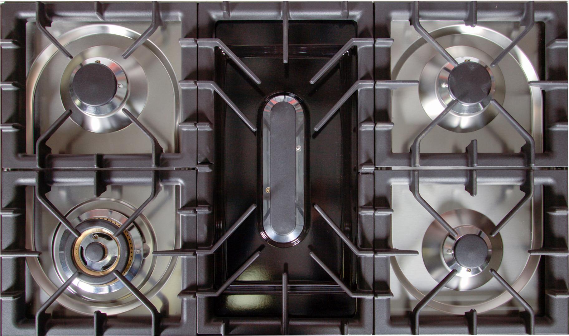 Nostalgie Series Dual Fuel Natural Gas Range with 5 Sealed Brass Burners  3.55 cu. ft. Total Capacity True Convection Oven  Griddle  with Bronze Trim  in Blue UPDN100FDMPBLY 40" - America Best Appliances, LLC