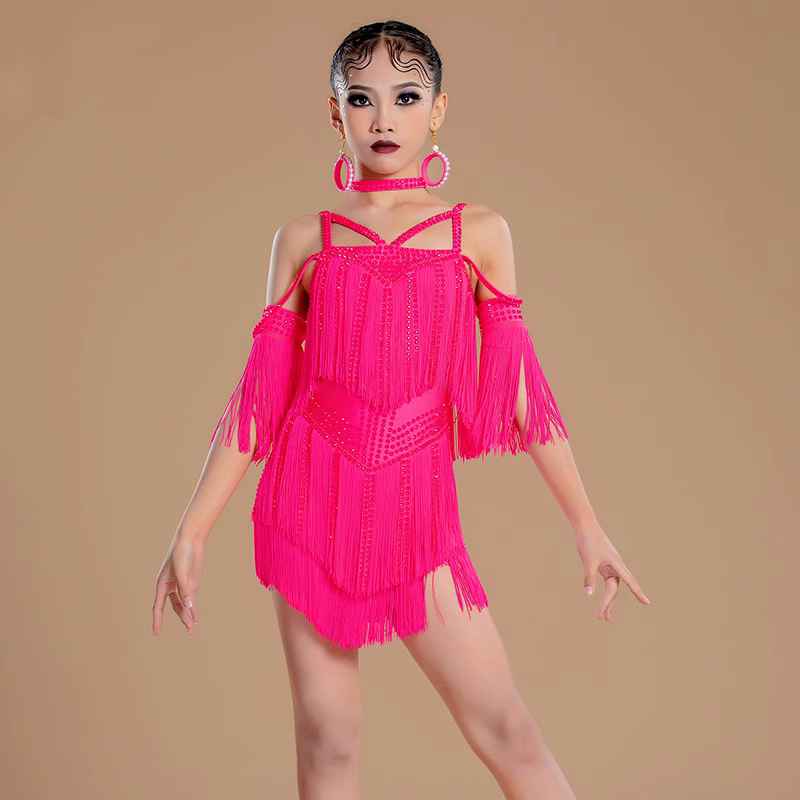 Latin Dance Dresses for Girls Kids Neon Hot Pink Salsa Rumba Chacha Fringe Diamond Latin Performance Outfits Solo Dance Costumes for Children - Moderndancedress.com