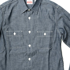 Fabric detail of the Big John MS003R Selvedge Chambray Shirt Indigo revealing the chambray weave texture, indigo dye depth, and lightweight fabric character for Clothier & Sons.