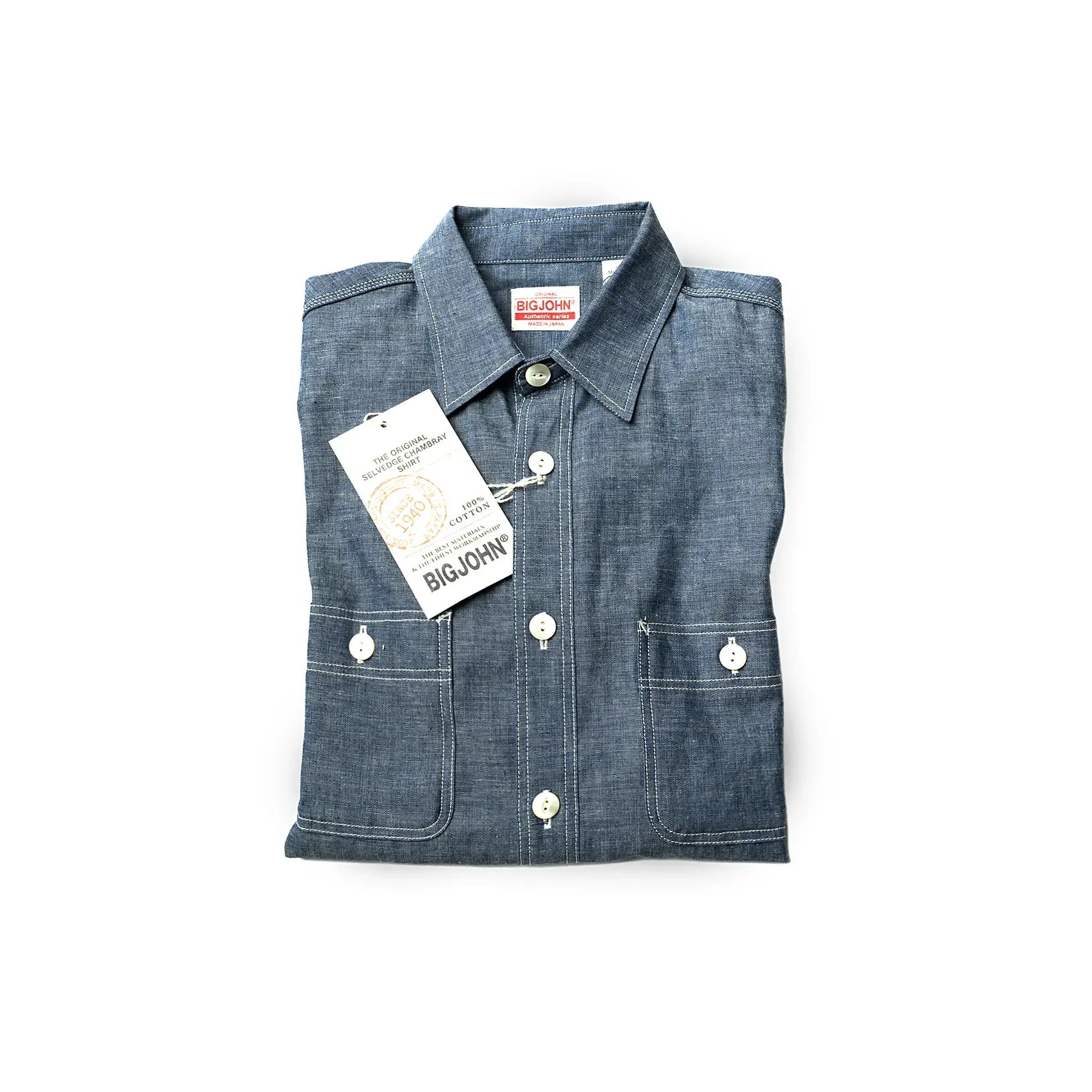 Selvedge detail of the Big John MS003R Selvedge Chambray Shirt Indigo showing selvedge edge finishing and authentic Japanese craftsmanship for Clothier & Sons.