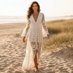 Boho Beach Hut Dresses, Maxi Dress, White Beach Dress White Boho Lace Maxi Dress