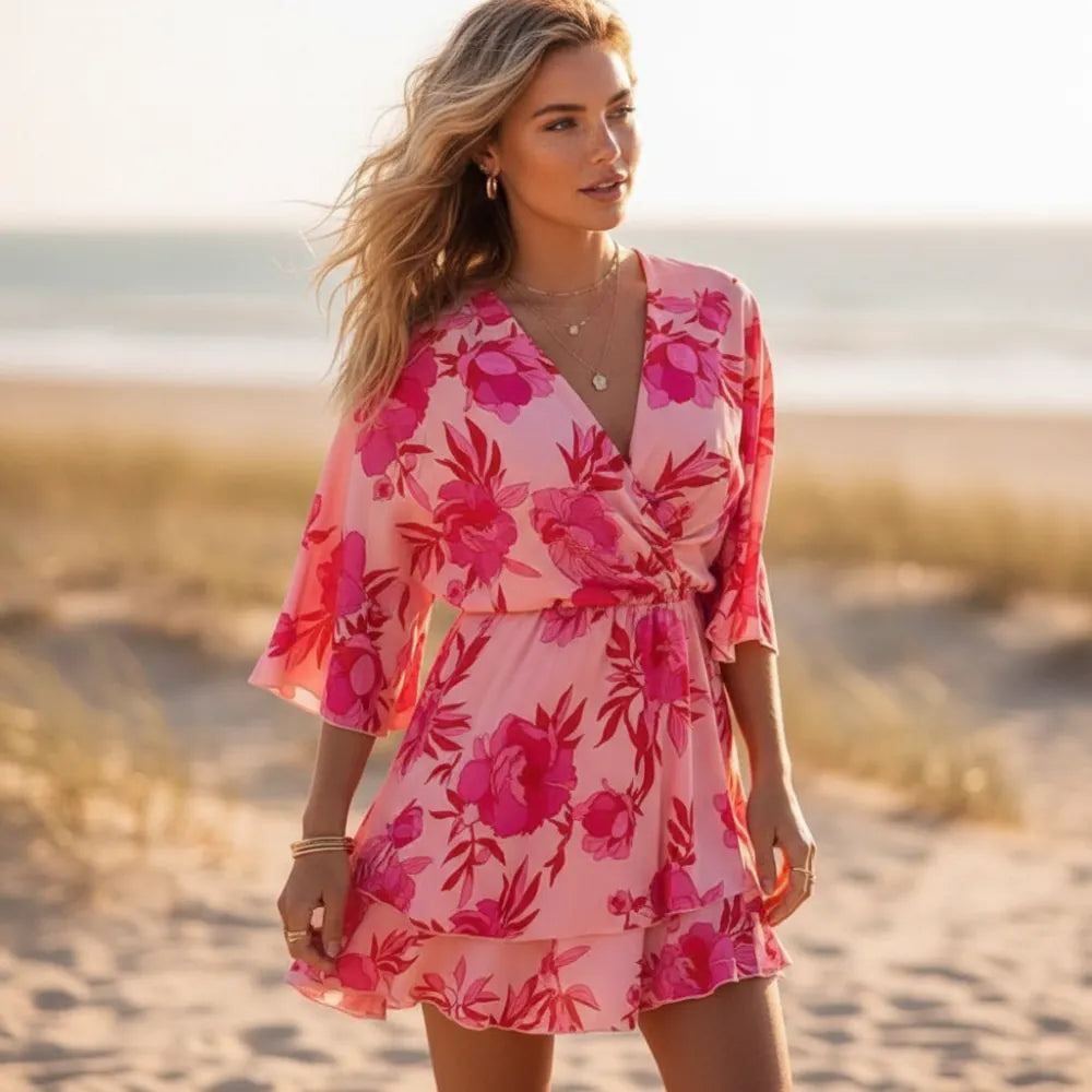 Boho Beach Hut Dresses, Mini Dress, Summer Dress Pink Boho Floral Mini Dress Pink / S