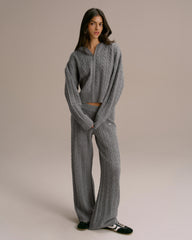 Cable Knit Straight Leg Trousers - Dark Grey Melange