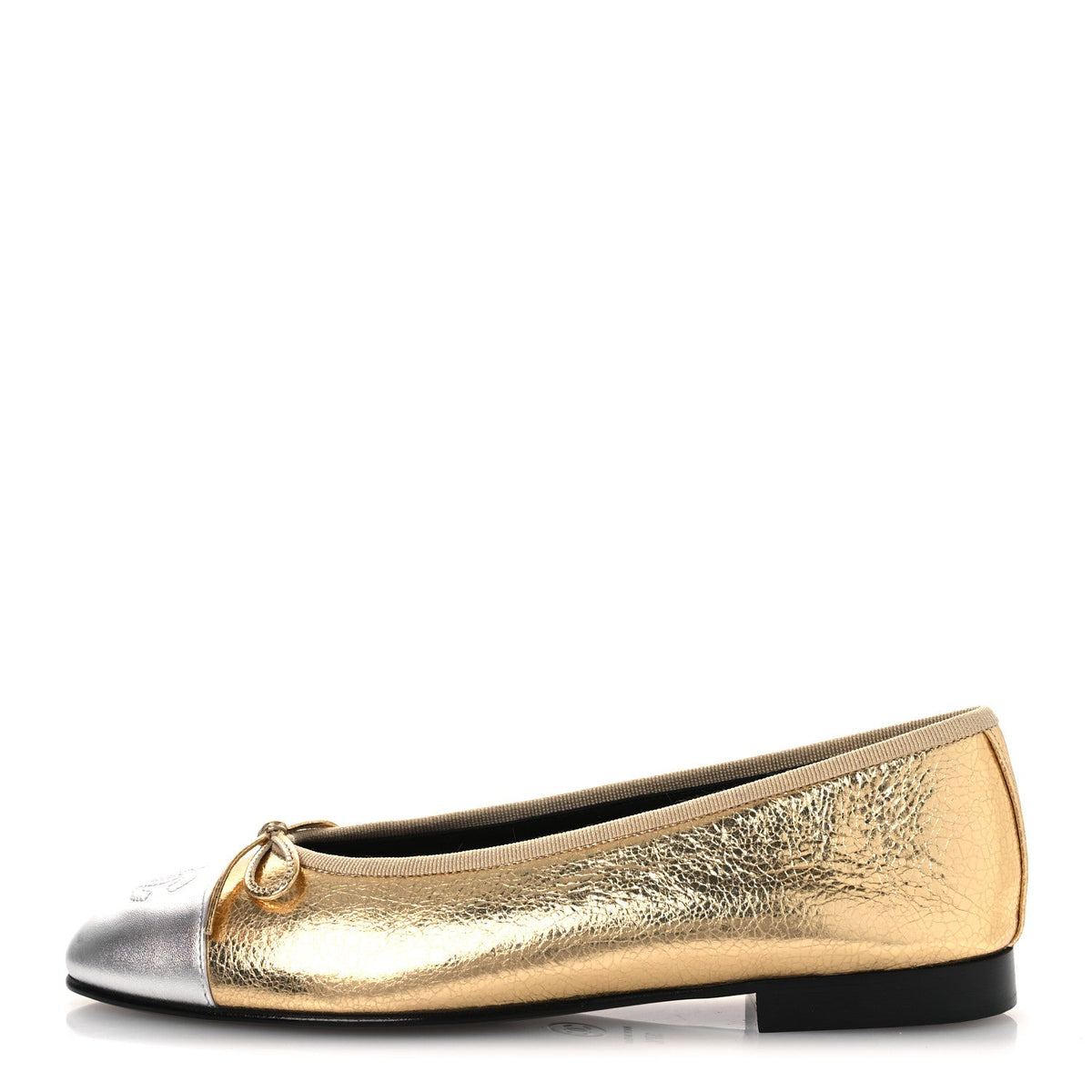 Metallic Crackled Laminated Calfskin CC Cap Toe Ballerina Flats 37.5 Gold Silver