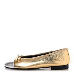 Metallic Crackled Laminated Calfskin CC Cap Toe Ballerina Flats 37.5 Gold Silver