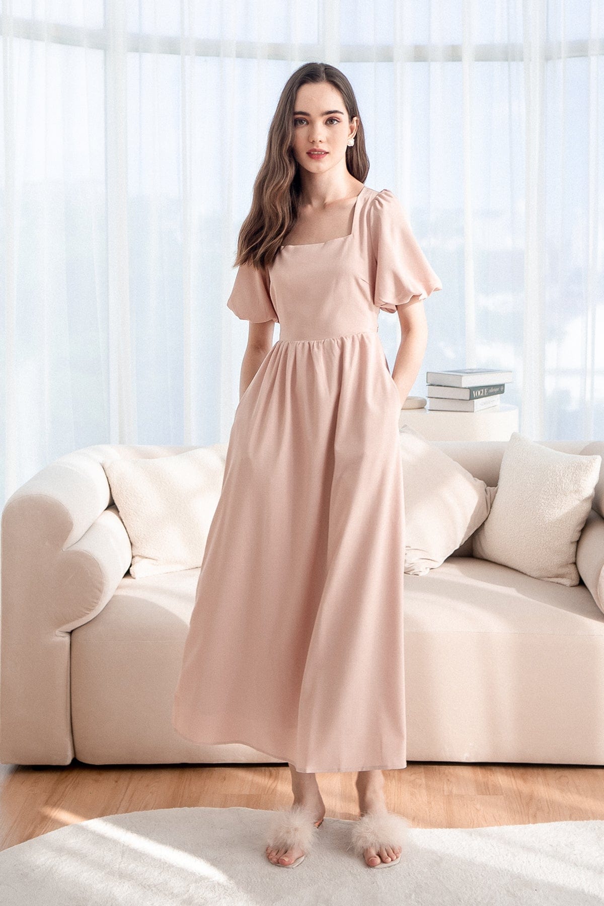 CASS PUFF-SLEEVE TIE-BACK MAXI DRESS IN NUDE PINK