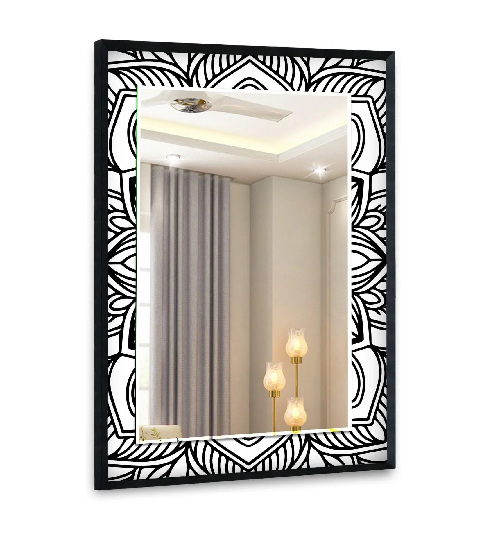Striking color contrast defines the Black White Mandala Round Wall Mirror, presenting a bold statement in modern wall mirrors.