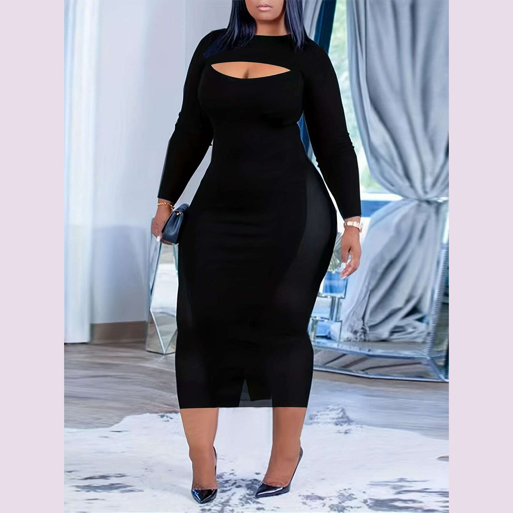 KIMLUD, Plus Size Cut Out Bodycon Dress, Sexy Long Sleeve Crew Neck Midi Dress For Spring & Fall, Women's Plus Size Clothing, KIMLUD Womens Clothes