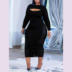 KIMLUD, Plus Size Cut Out Bodycon Dress, Sexy Long Sleeve Crew Neck Midi Dress For Spring & Fall, Women's Plus Size Clothing, KIMLUD Womens Clothes
