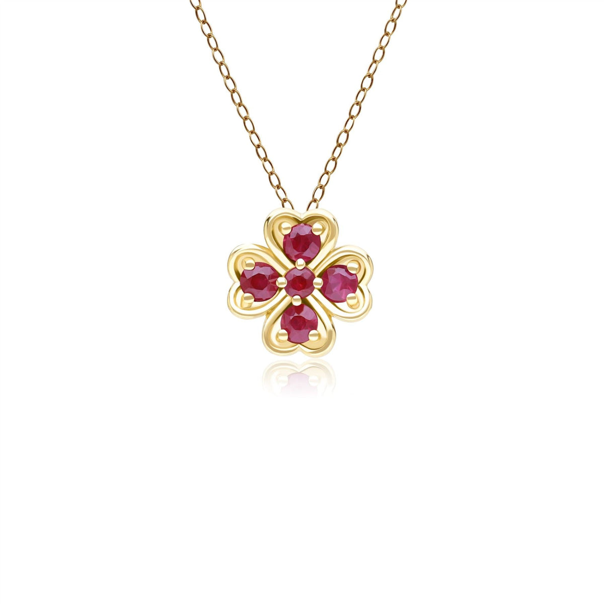 Gardenia Collana con Ciondolo Rotondo con Trifoglio E Rubino in Oro Giallo da 9 Ct