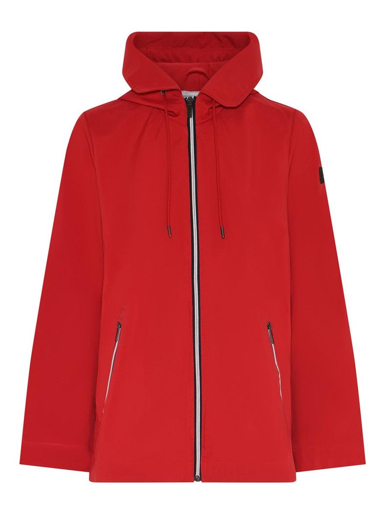 Red polyester hooded jacket with front zipper and two zip pockets.