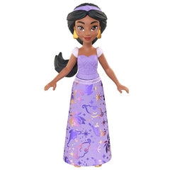 Disney Princess Jasmine doll in lavender purple plastic with smooth molded features, wearing a long sparkling patterned gown, gold earrings, and a matching headband, standing upright against a clean white studio background.