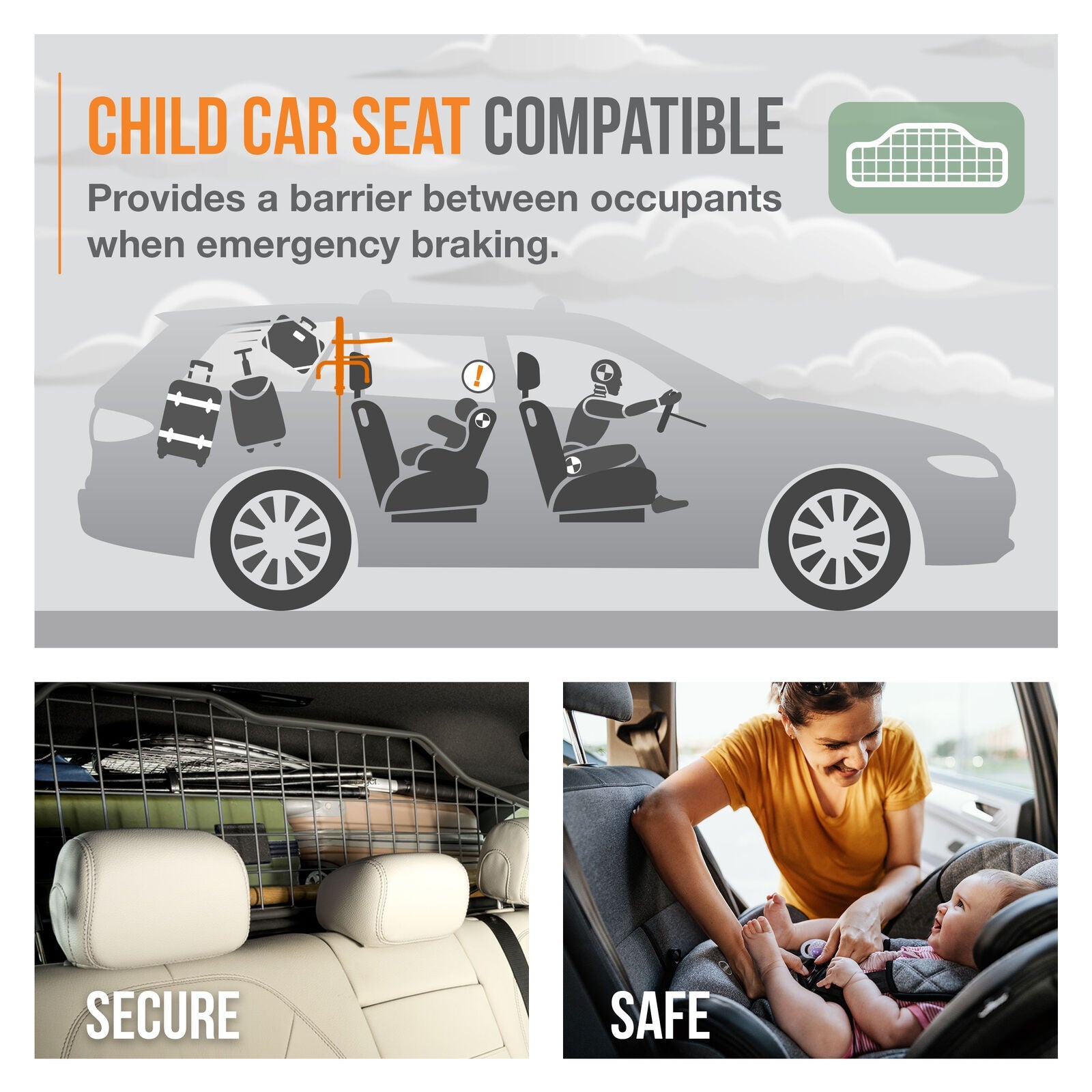 Advertisement for child car seat compatibility with a car diagram and real-life scenarios.