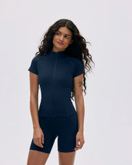 Ultimate Short Sleeve Zip Up Top - Navy Blue