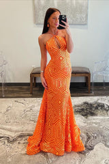 Orange Halter Keyhole Sequins Mermaid Long Prom Dress AB4022603