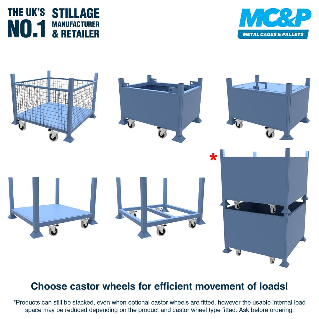 Stillages manufactured by MC&P can have optional castor wheels for efficient movement of loads.