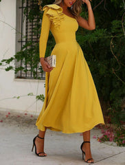 A-Line Cocktail Dresses Open Back Dress Party Wear Wedding Guest Tea Length Long Sleeve One Shoulder Stretch Fabric with Ruffles