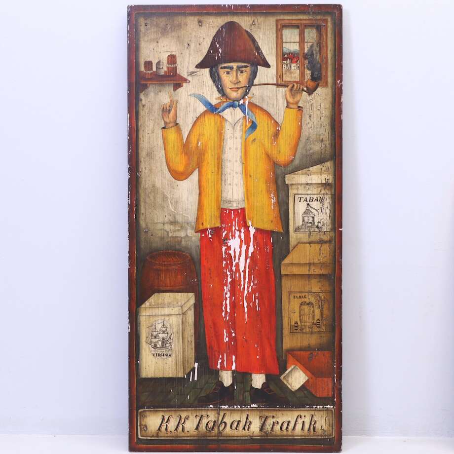 Folk Art Painted Tobacco Trade Sign on Wood, Early 20th Century - Bon Ton goods