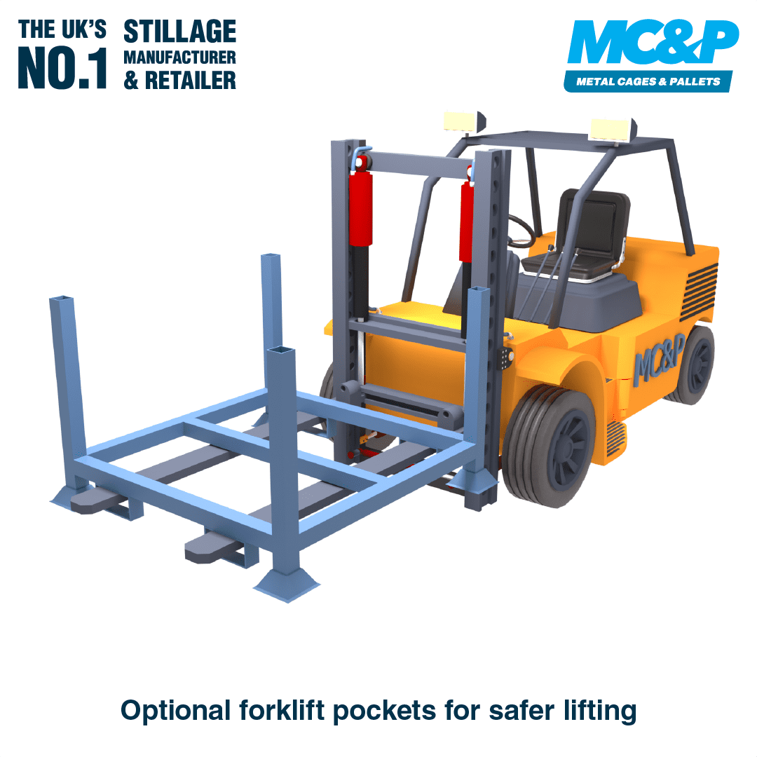 Forklift showcasing safer lifting while using optional forklift pockets for stillages.