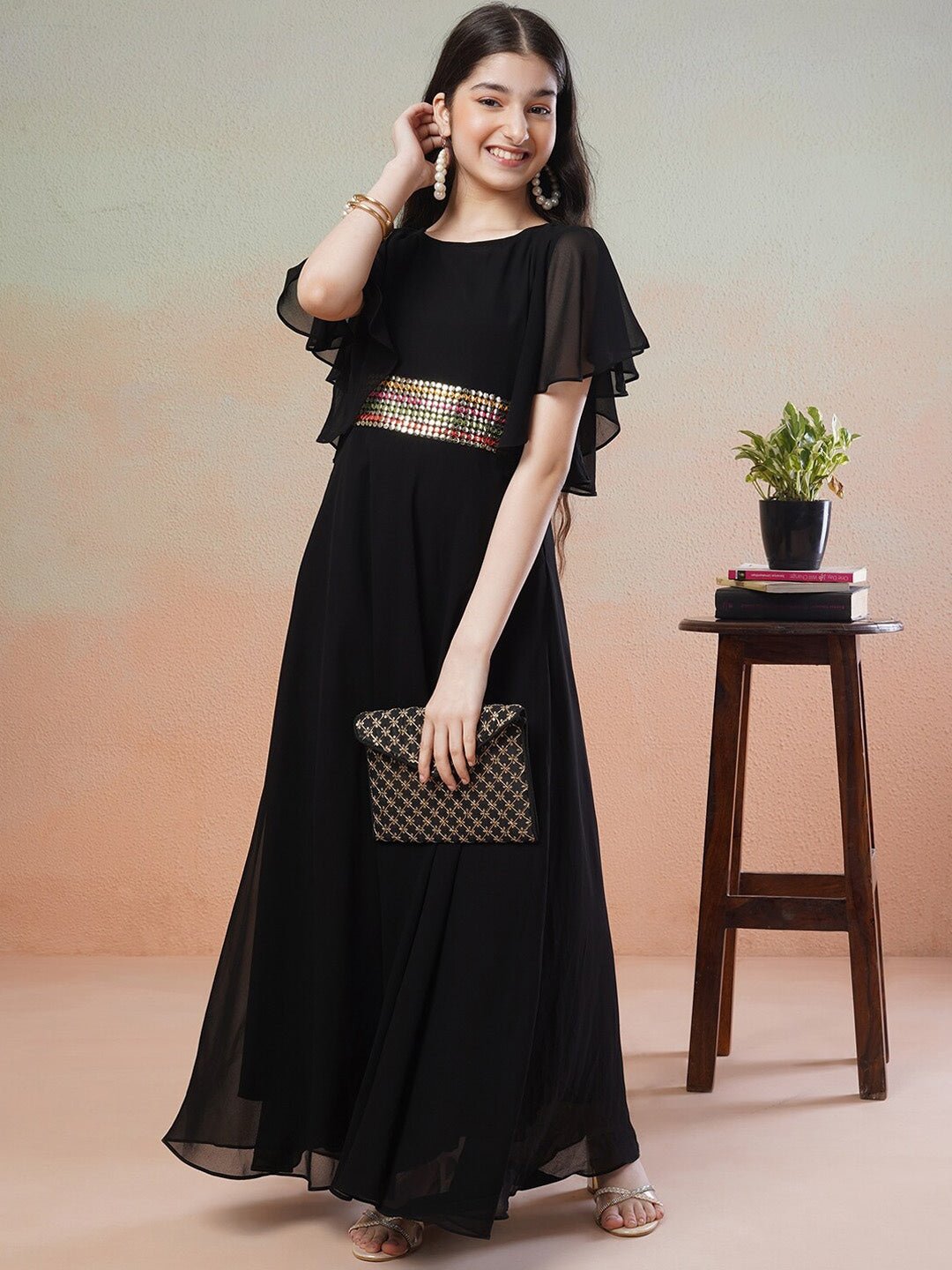 Girls Black Embellished Detail Flared Sleeves Georgette Fit & Flare Maxi Dress - Inddus.in