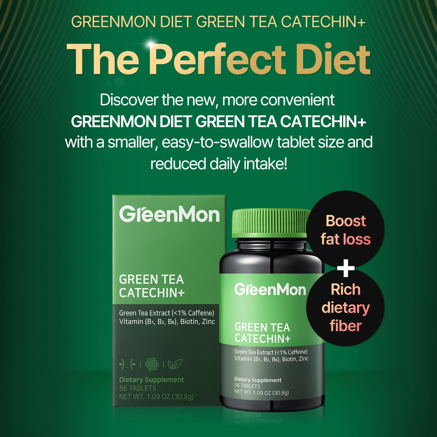 Close-up of GREENMON Green Tea Catechin+ tablets