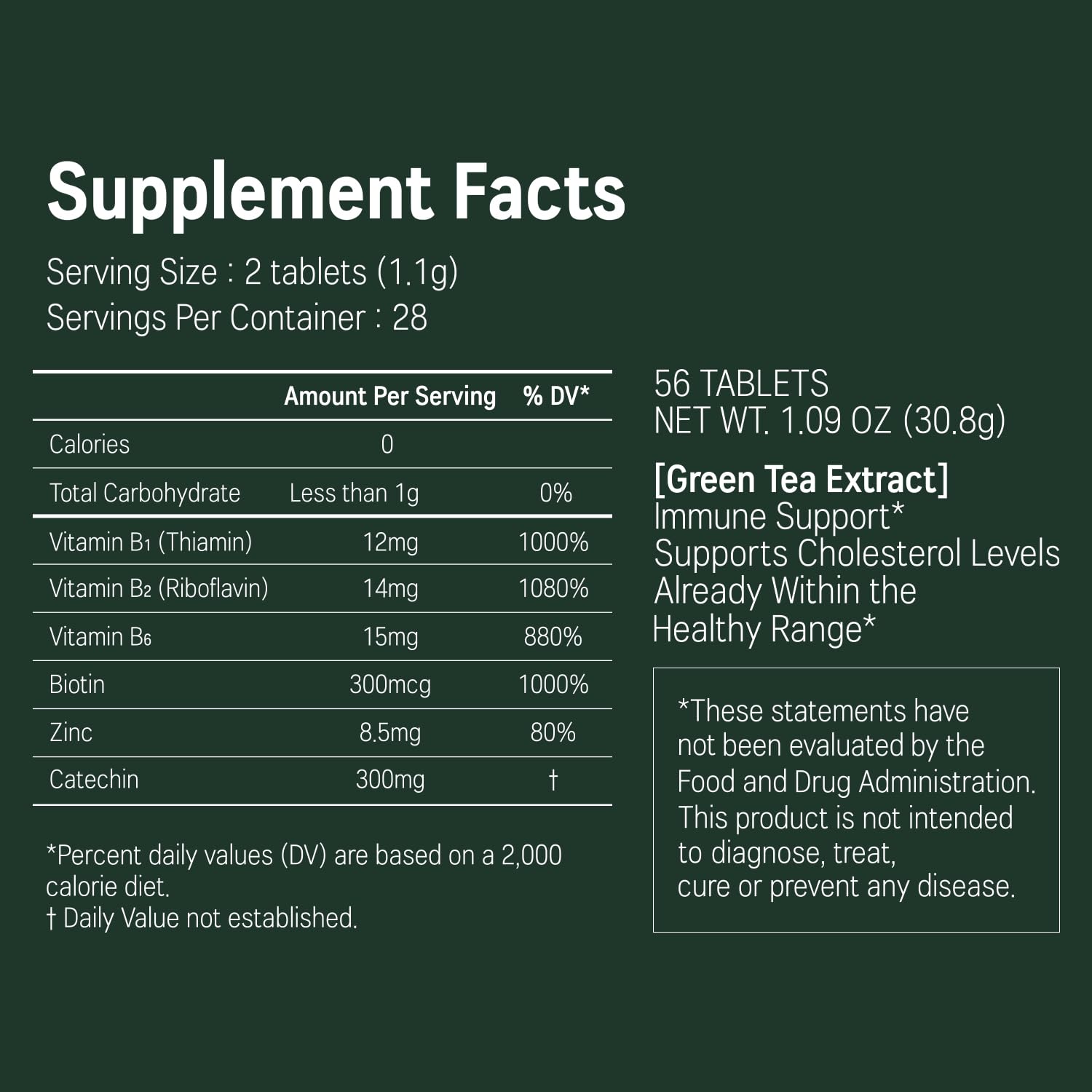 Product label highlighting 56 tablets / 28 days serving