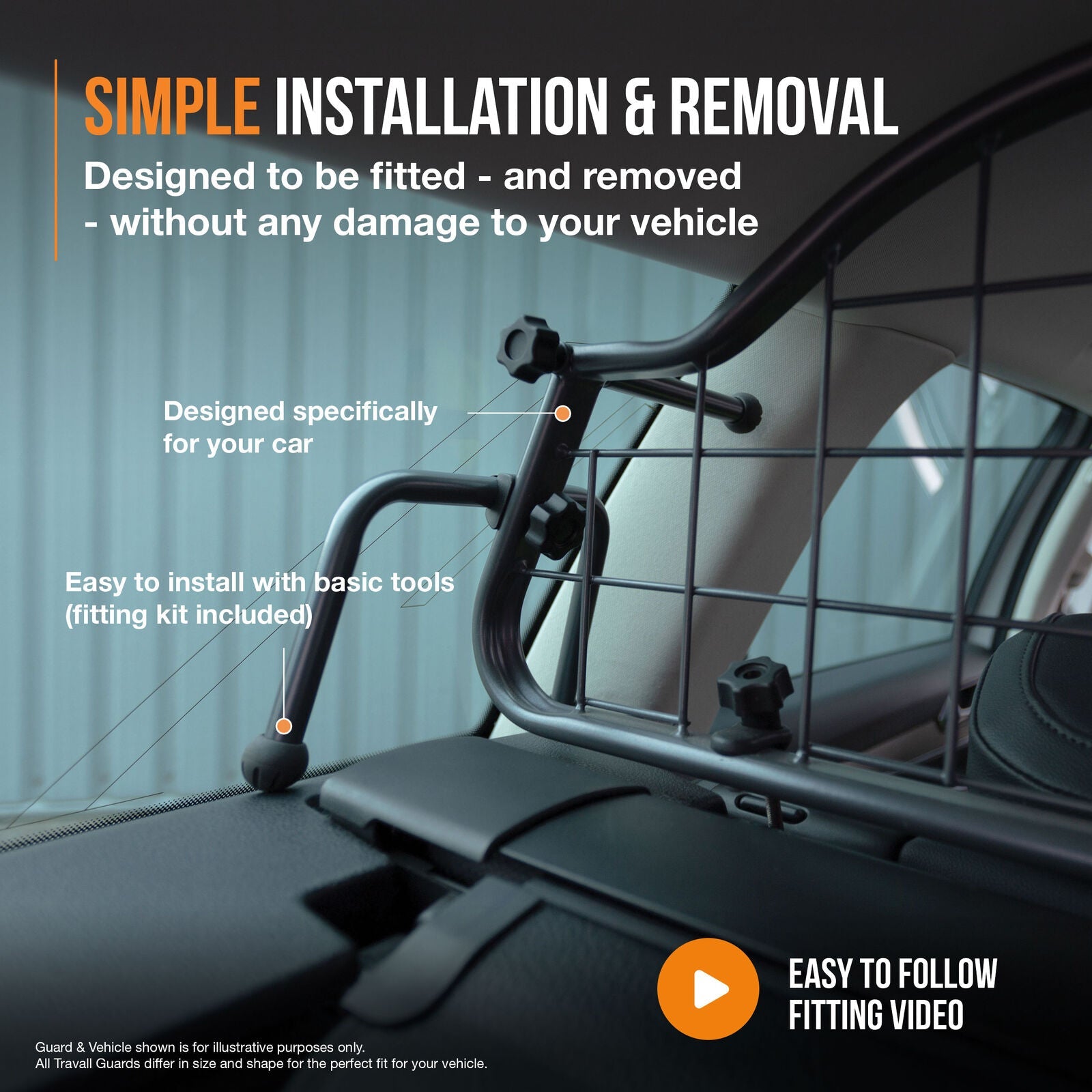 Car window guard with installation instructions and features on a vehicle interior background