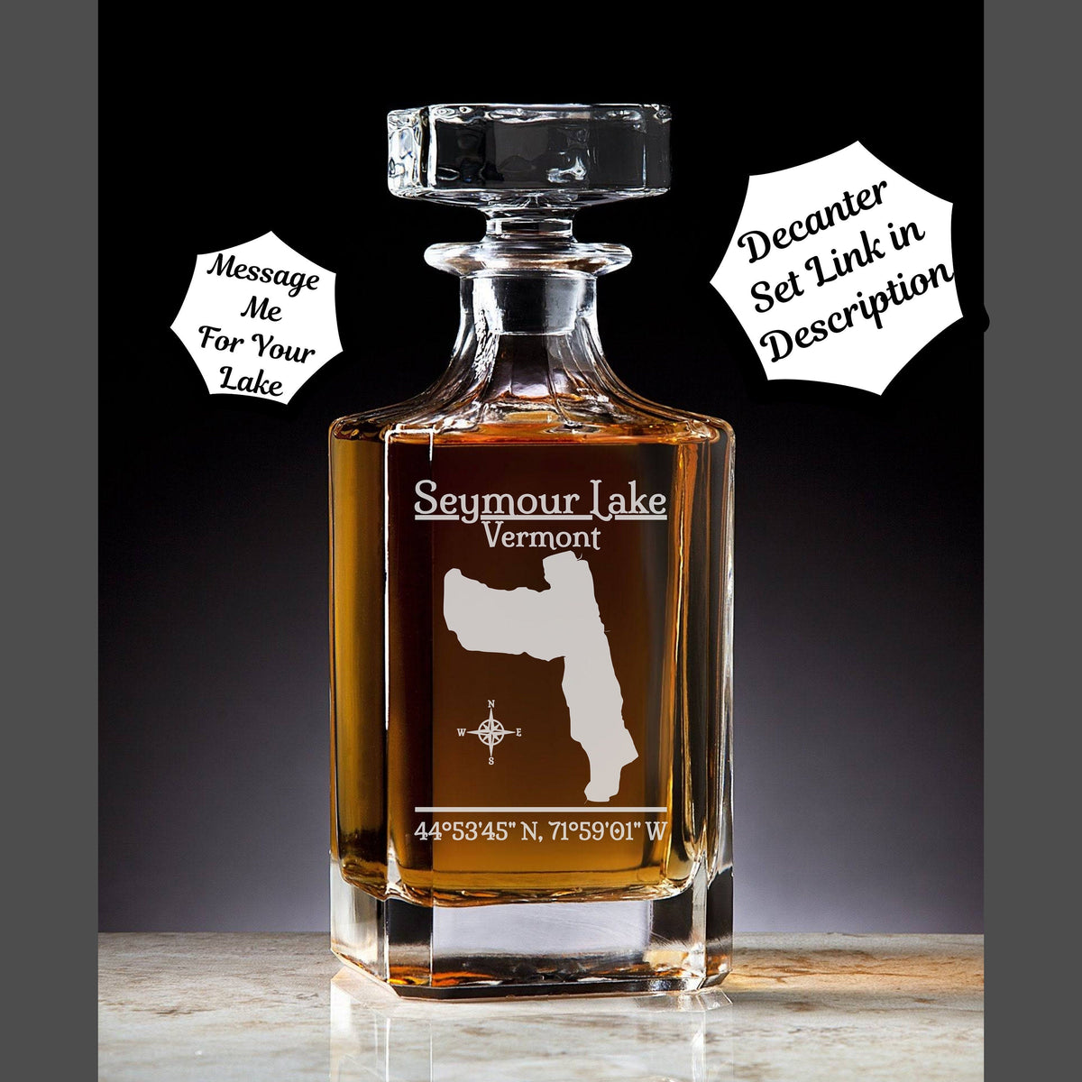 Seymour Lake Vermont Engraved Whiskey Decanter