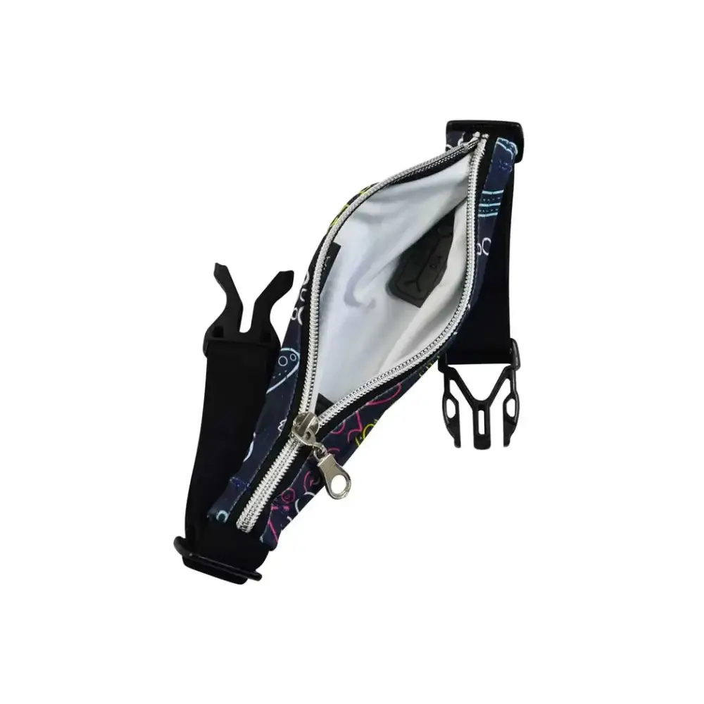 Insulin pump belt pouch for toddlers with zipper and flat clips, featuring reinforced openings for tubing.
