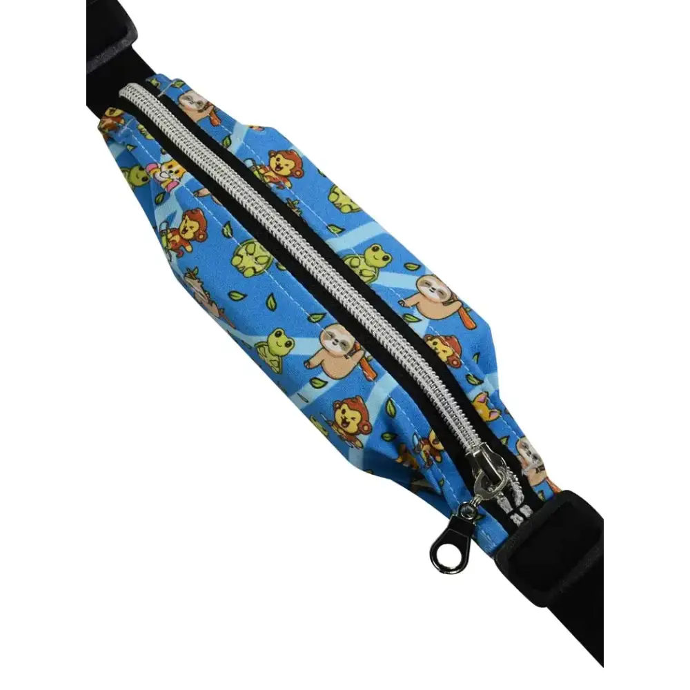 Insulin pump belt pouch for toddlers in blue with playful animal design and zipper closure.