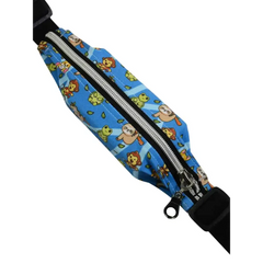 Insulin pump belt pouch for toddlers in blue with playful animal design and zipper closure.