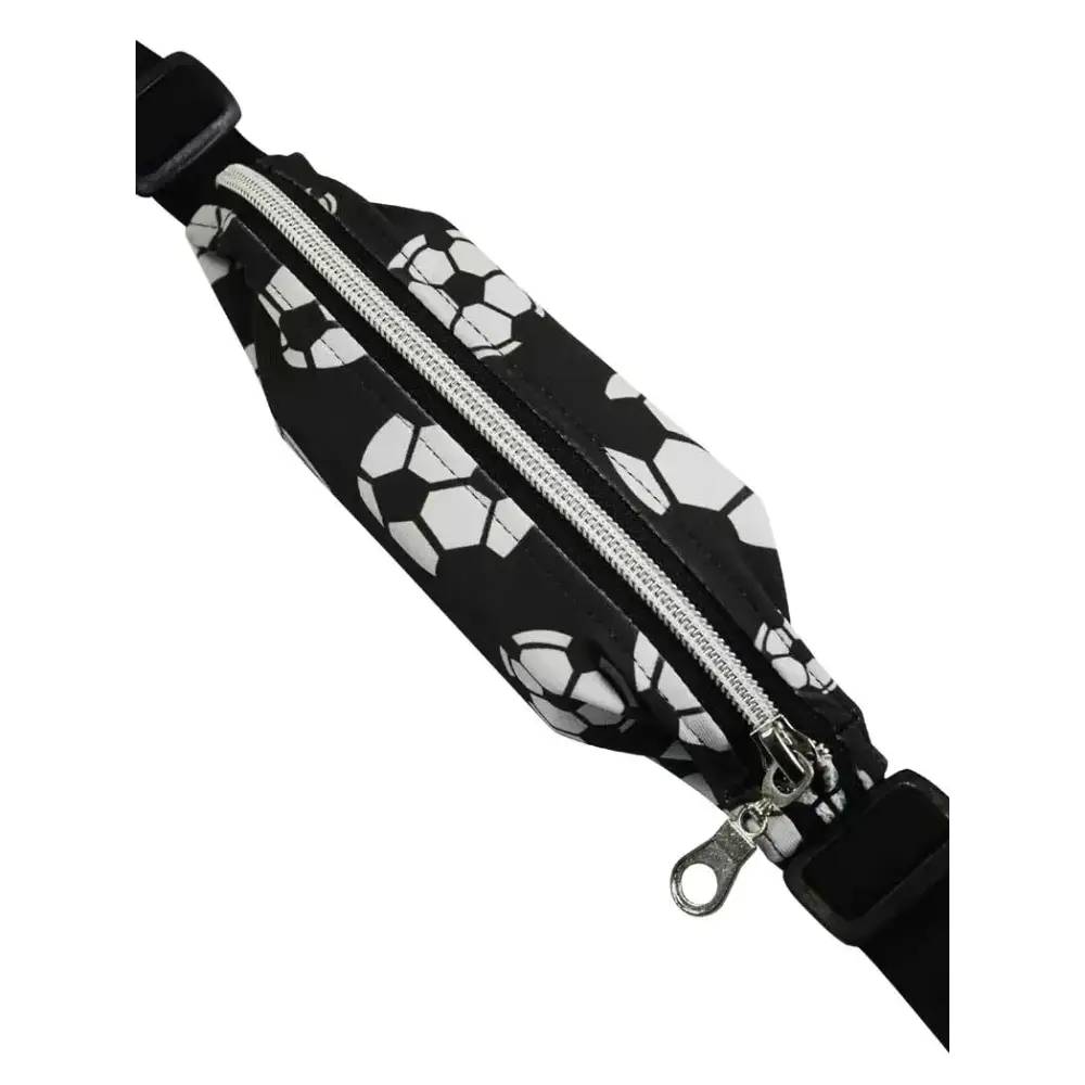 Insulin pump belt pouch for toddlers with reinforced openings and adjustable strap in black with soccer ball pattern.