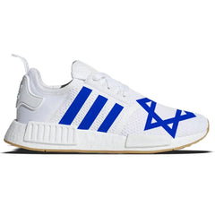 White Adidas NMD R1 casual sneaker with blue accents for stylish comfort
