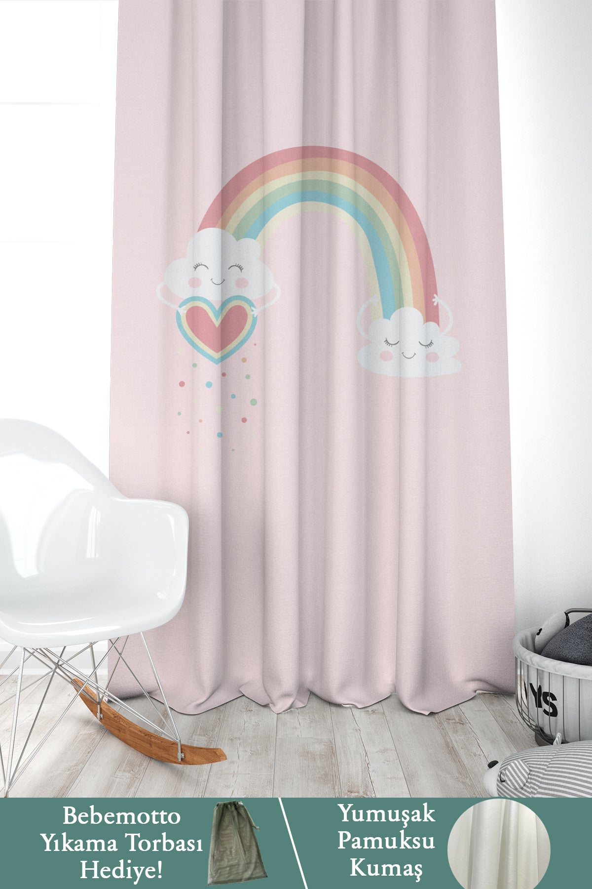 Pembe  Gökkuşağı ve Kalp, İthal Kumaş, Çocuk ve Bebek Odası Fon Perde - 1 Kanat Outlet #245