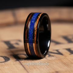 "Royal Haven" – 8mm Black Tungsten Wedding Band with Whiskey Barrel Wood, Rose Gold & Crushed Lapis Lazuli
