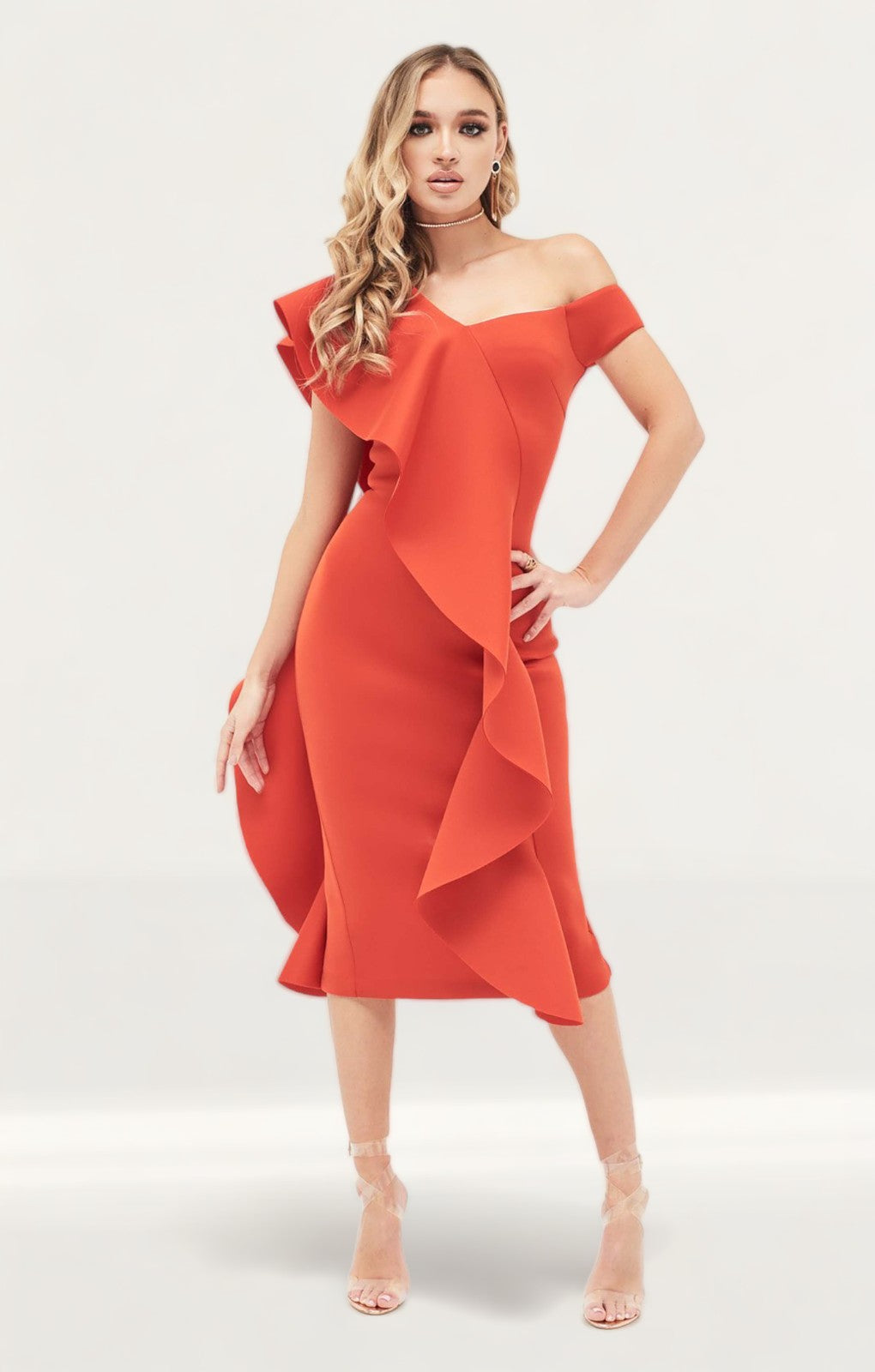 Lavish Alice Off The Shoulder Exaggerated Frill Scuba Midi Dress In Red