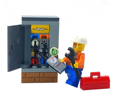 LEGO® MOC Electrician minifigure with toolbox and voltage tester at work - Brickis LEGO