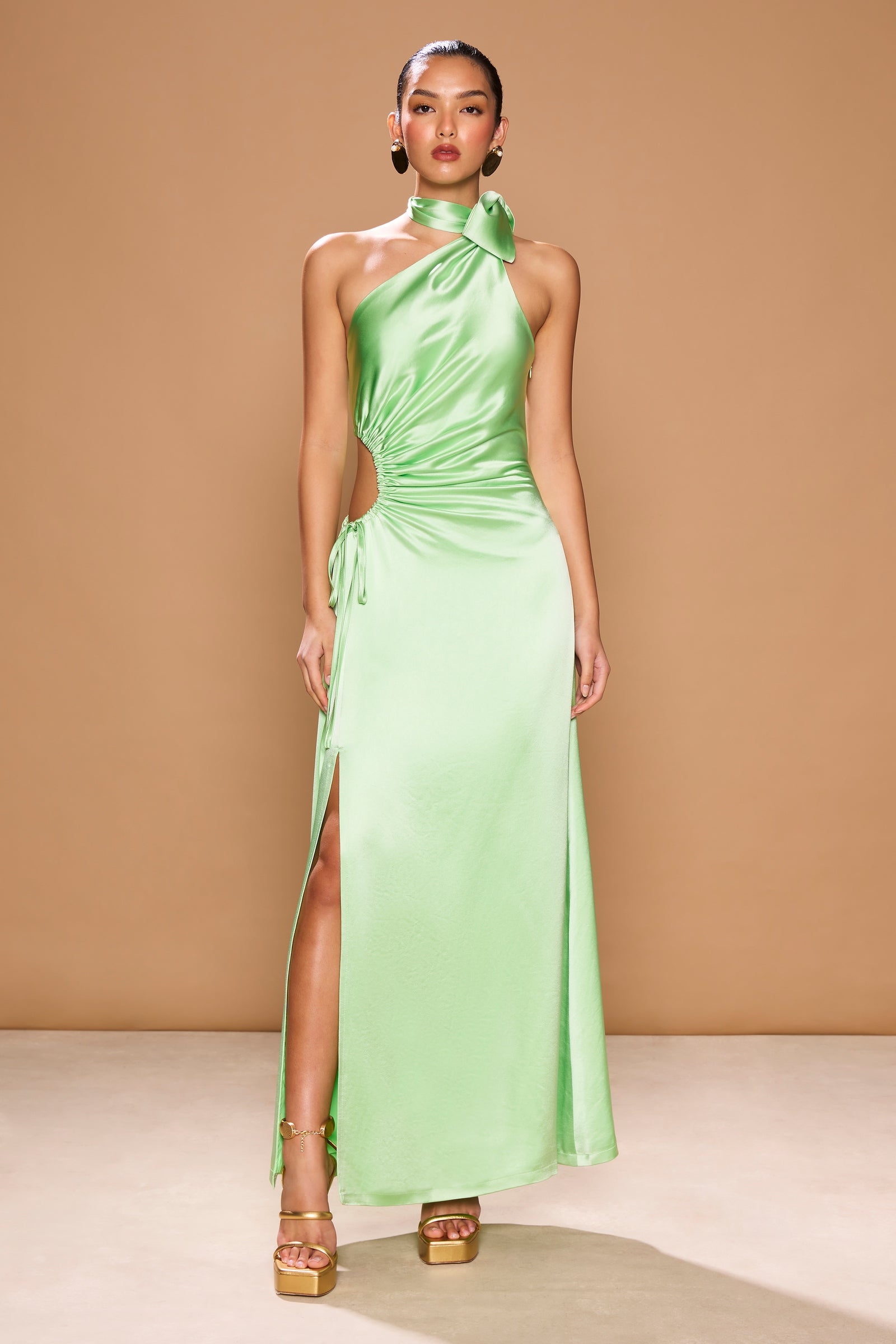 Long formal silk dress with one-shoulder neckline, side slit, and neck tie – ALIA DRESS by SONYA MODA